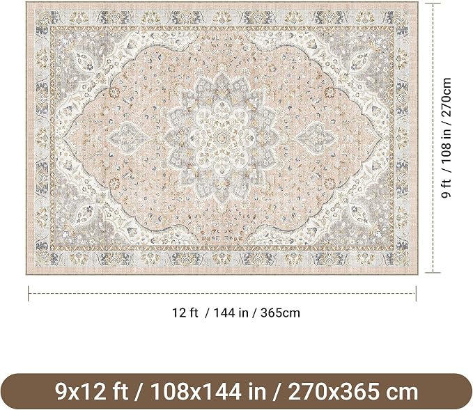 befbee 9x12 Area Rug,Ultra-Thin Washable Rugs for Living Room,Non-Slip Lightweight Foldable Area Rug,Stain Resistant Vintage Large Rugs (Pink/Gray, 9'x12')