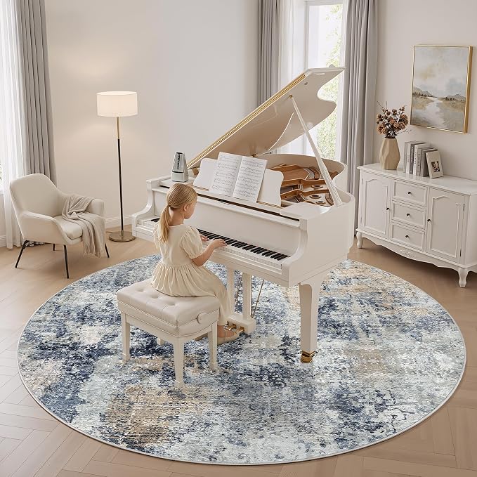 WITSHOCK Area Rugs 8ft Round Living Room Rug - Washable Neutral Soft Low Pile Non-Slip Modern Abstract Thin Large Indoor Carpet for Bedroom Dining Room Nursery Office - Dark Blue Brown
