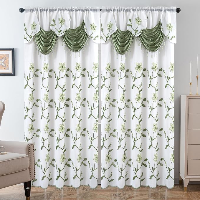 Petrichor Embroidered Sheer Curtain 2 Panels Set - Luxury Window Curtain Attached Valance with Satin Backing and 2 Tie Backs for Living Room,Dining Room, 54x63 inches, Sage Green