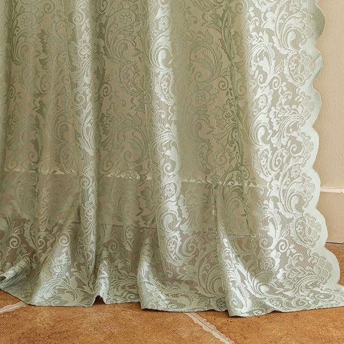 ALIGOGO Sage Green Lace Curtains 63 Inch Length for Bedroom Living Room, Spring Vintage Sheer Green Floral Curtains, Light Filtering Farmhouse Privacy Scalloped Edges, 52 x 63 Inch, 2 Panels