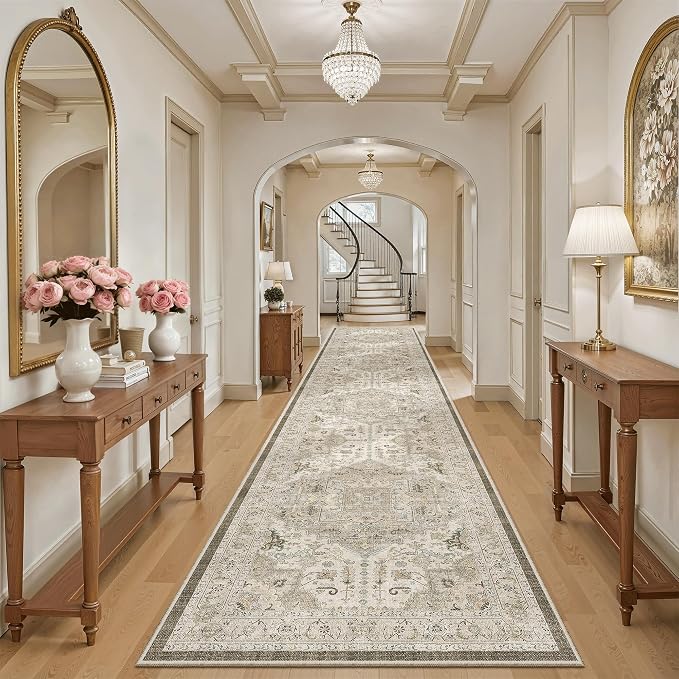 Madane Hallway Runner Rug 3x16 Washable Kitchen Runners Long, Ivory/Brown | Vintage Non-Slip Wide Area Rugs 16ft for Entryway, Low-Pile Farmhouse Indoor Floor Carpet for Living Room Bedroom