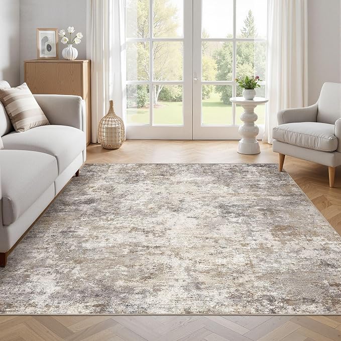 UERMEI Square Area Rugs : Washable 6x6 Neutral Modern Abstract Carpet for Living Room Bedroom - Soft Floor Mat with Non Slip Backing for Kitchen Nursery Dorms Farmhouse Home Decor - Brown Grey