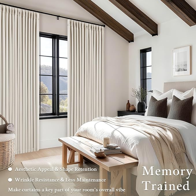 100% Blackout Linen 126 Inch Curtains 2 Panel Set for Bedroom Modern Pinch Pleated Natural Linen Beige White Insulated Heavy Curtain 40 x 126 Inches Length Sliding Glass Door Room Darkening Drapes