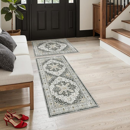 Madane 2-Piece Area Rugs Set, Small Kitchen Runner Non-Slip, Black | Rug Runners Vintage Door Mat Indoor Entrance, Low Pile Floor Carpet for Inside Front Bedroom Entryway Entry Laundry 2x3+2x4