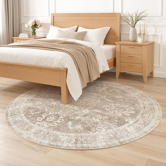 Madane Washable Round Rug 5ft for Living Room, Soft Ultra-Thin Non-Slip Vintage Floral Circle Area Rug, 5x5 Round Throw Carpet for Entryway Nursery Bedroom Kitchen Dining Room (Brown/Sand, 5'Round)
