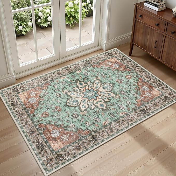 2x3 Area Rugs Living Room Rug: Washable Vintage Distressed Floral Rug No Slip Stain Resistant Soft Carpet Indoor Large Carpets for Bedroom Dining Room Farmhouse Nursery Hallway Home Office Brown Green