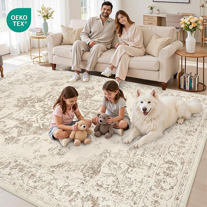 10x12 Area Rug for Living Room: Vintage Boho Neutral Washable Rug Indoor Soft Large Area Rug Carpet for Bedroom Nursery Farmhouse Dining Room Office Floor Non-Slip Low Pile Under Table Rug Beige/Ivory