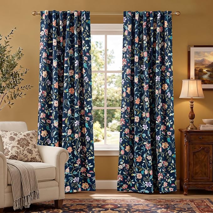 jinchan Hattie Dark Blue Floral Blackout Curtains 84 Inch Length – Room Darkening Drapes for Bedroom, Home Office & Study, Elegant Vintage Floral, Cozy Light Blocking, Set of 2 Panels Back Tab