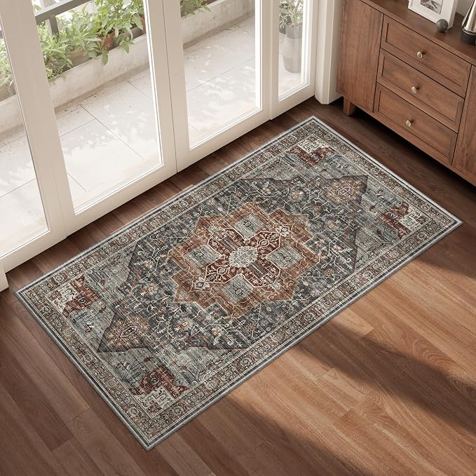Roxstand Washable Runner Rug 2x4 - Vintage Non-Slip Small Area Rugs for Entryway, Low-Pile Stain Resistant Indoor Rug for Laundry Room Kitchen Bathroom Dining Room (Grey/Brown/Tan)
