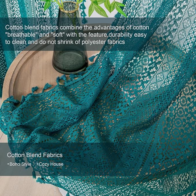 WAZZIO Boho Lace Curtains 96 Inches 2 Panel,Light Filtering Privacy Tassel & Geometry Crochet Semi Sheer Curtain Drapes for Bedroom Living Dining Room,Rod Pocket & Tassel,Coastal Style,Teal