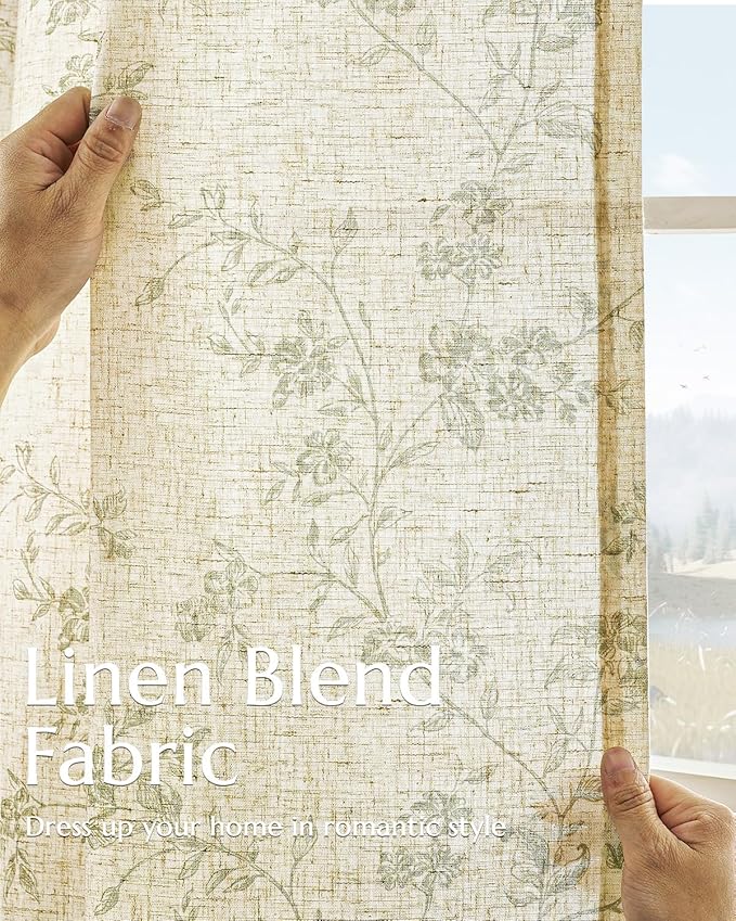 jinchan Green Floral Linen Curtains 84 Inch Farmhouse Back Tab 2 Panels | Flower patterned drapes, french country, light filtering, semi sheer, printed, privacy, bedroom, living room, home decor