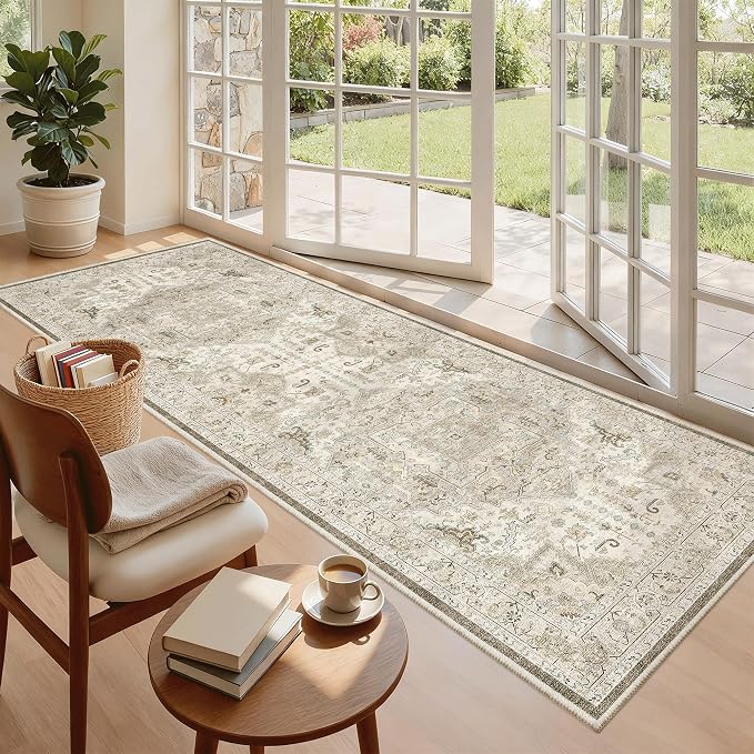 Madane Hallway Runner 3x8, Kitchen Rugs Washable Entry Rug, Ivory/Brown | Vintage Non Slip Entryway Indoor Area Rugs, Soft Low-Pile Farmhouse Wide Carpet Runners for Bathroom Living Room Bedroom