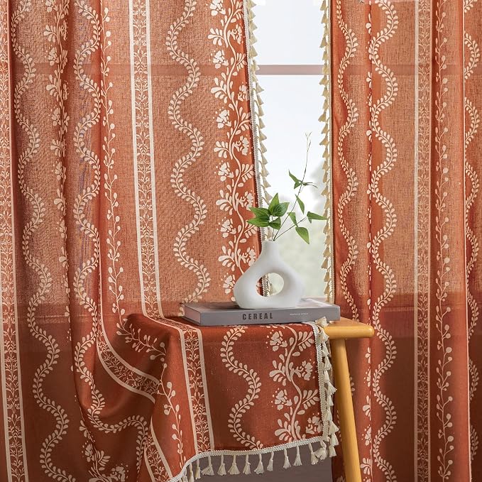 Lino Rosa Boho Cafe Curtains for Kitchen Window Over Sink, 36 Inch Length Vintage Floral Rustic Farmhouse Sheer Half Tiers for Bathroom Bedroom Cabinet Oven Skirt, 24x36, Rust Red