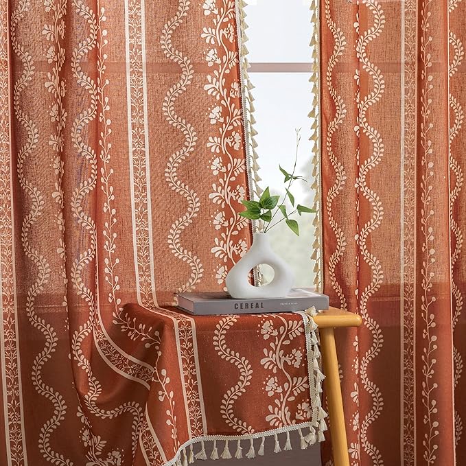 Boho Tapestry Curtains for Windows - 90 Inch Long Vintage Floral Printed Hippie Bohemian Drapes, Vine Patterned Semi Sheer Linen Panels for Living Room Bedroom