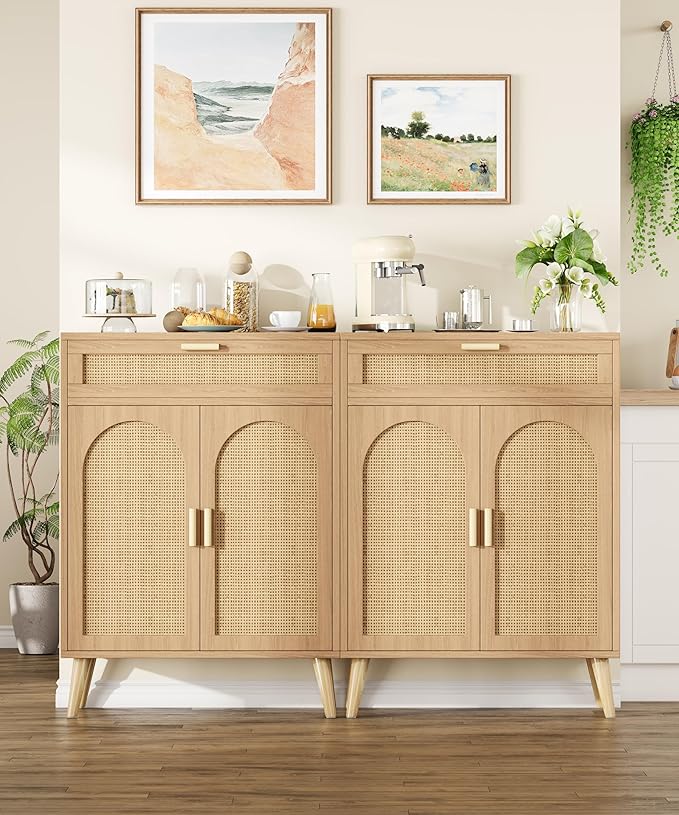 Keehusux Rattan Storage Cabinet with Drawer and 2 Doors, Accent Sideboard Buffet Cabinet with Adjustable Shelf, Solid Wood Feet, Coffee Bar for Kitchen, Living Room, Entryway, Natural Oak