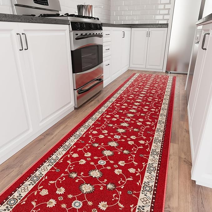 Ottomanson Aisle Runner Rug 1'10.5" x 40' – Soft Non-Slip Rug, Low Pile Carpet for Hallways, Events, Churches & Extra-Long Indoor Spaces, Mahal Red