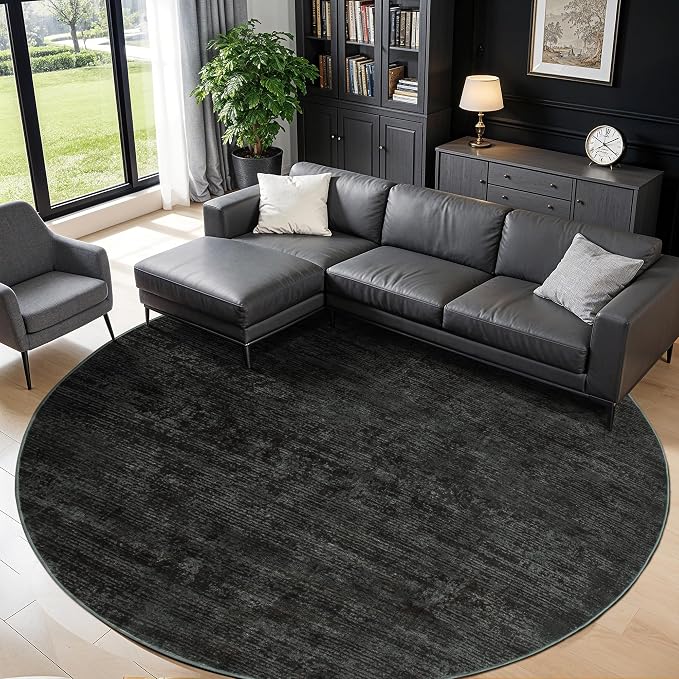 LIANLAM 8 FT Washable Rug, Black Solid Round Rugs for Living Room & Bedroom | Stain-resistant & Non-slip backing,Low Pile Washable Large Carpet, Solid Vintage Style For High Traffic Areas(8 FT,Black)