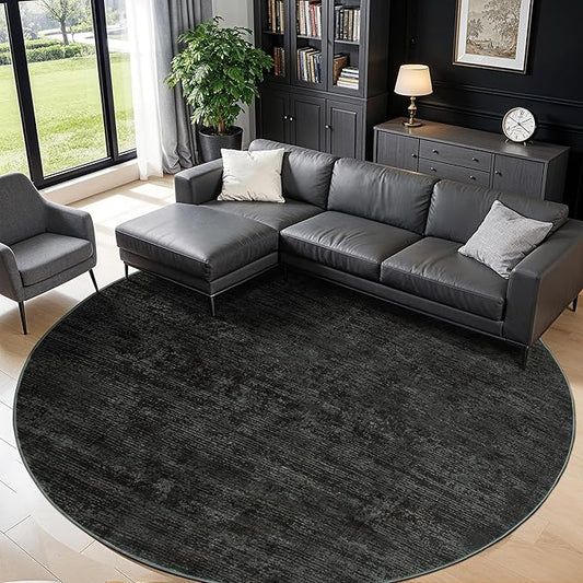LIANLAM 6 FT Washable Rug, Black Solid Round Rugs for Living Room & Bedroom | Stain-resistant & Non-slip backing,Low Pile Washable Large Carpet, Solid Vintage Style For High Traffic Areas(6 FT,Black)