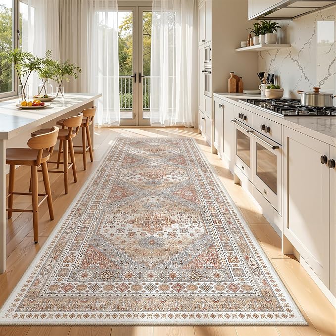 zesthome 3x10 Runner Rug Non Slip Washable for Entryway, Vintage Hallway Runner for Front Porch, Laundry Room, Bedroom, Abstract Stain Resistant Thin Indoor Kitchen Mats for Floor(Orange,3'x10')
