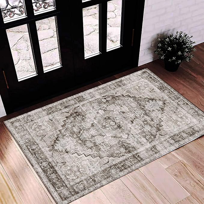 CHAMPLANT 2'x3' Deep Khaki Area Rug Washable Door Mat Vintage Distressed Doormat Indoor Entrance Traditional Thin Floral Print Non Slip Carpet for Kitchen Bathroom Bedroom Living Room