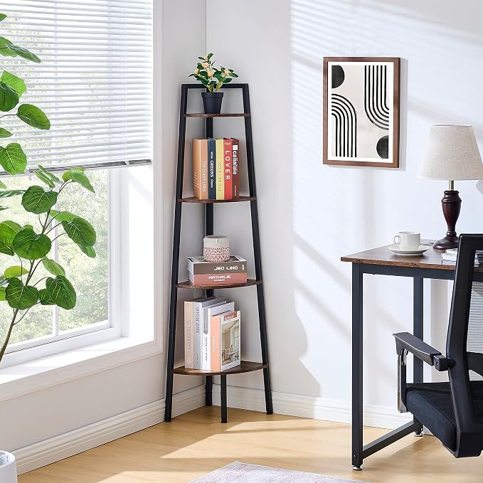 Hoctieon Corner Shelf, 4-Tier Corner Bookshelf, Rustic Ladder Shelf, Industrial Display Stand for Living Room, Kitchen, Home Office, Balcony, Small Space, Metal Frame, Rustic Brown