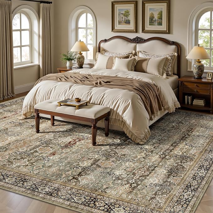 8x10 Area Rugs for Living Room - Washable Vintage Retro Large Rug, Soft Ultra Thin Non Slip Low Pile Traditional Distressed Boho Carpet for Bedroom Dining Room Home Office, Charcoal Olive