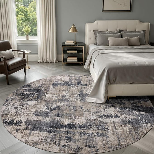 Sasttie 6ft Soft Round Area Rug, Modern Abstract Washable Circle Carpet for Living Room, Bedroom, Dining Room Table, with Non-Slip Backing, Black and Beige