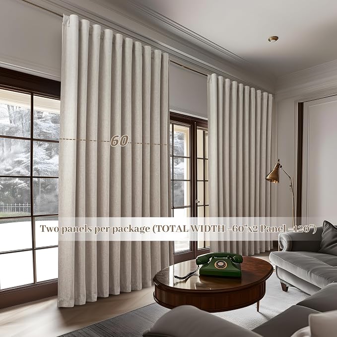 QJmydeco Curtains 60 Inch Length Wide Pleated Blackout Curtain for Sliding Glass Door/Living Room, Farmhouse Natural Linen Thick Boho Bedroom Heavy Insulated Large Window Drapes (60" Wx90 Lx2Panels)