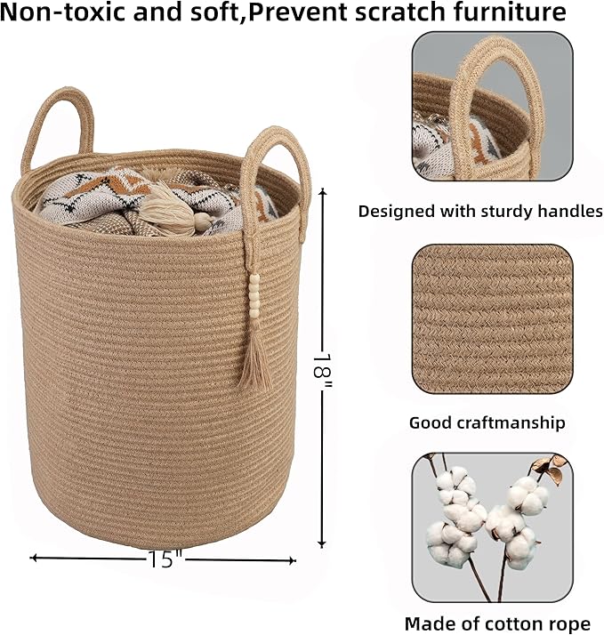 XUANGUO Rope Laundry Basket Laundry Hamper for Clothes Woven Storage Basket for Living Room Bedroom Boho Tall Rope Baskets for Blanket Toys Pillow Towels Baby Nursery Hamper Bin jute