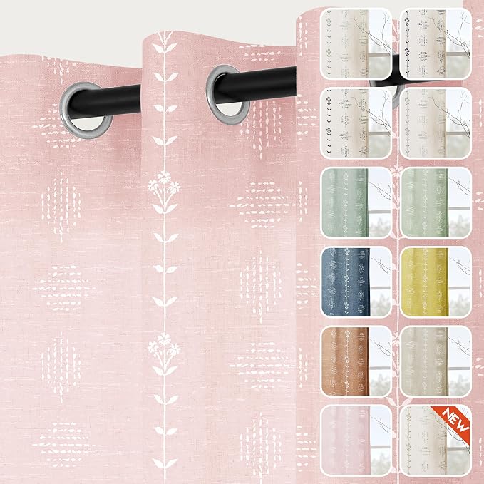 Lino Rosa Light Pink Cute Sheer Curtains for Girls Bedroom, Boho Baby Pink and White Nursery Curtains Girl, Pretty Pastel Floral Striped Pattern Linen Drapes for Girls Room, 2 Panels 84 Inches Long