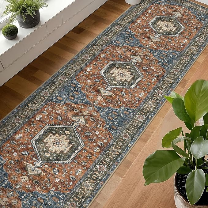 KUTA Vintage Washable Runner Rug 2.6x16, Non-Slip 16ft Extra Long Hallway Kitchen Rugs Brick Red, Indoor Ultra Soft Printed Medallion Carpet Runners for Bedroom Living Room