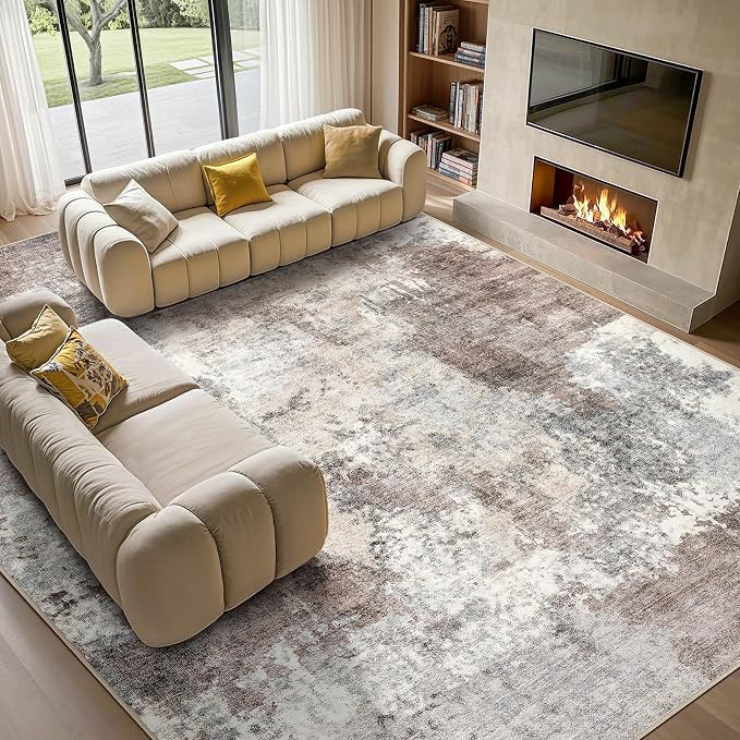 Tortania Washable 10x12 Area Rug for Living Room: Modern Abstract Neutral Large Soft Thin Rugs - Non Slip Indoor Carpet for Bedroom Dining Room Office Nursery Home Floor Decoration - Gray Brown