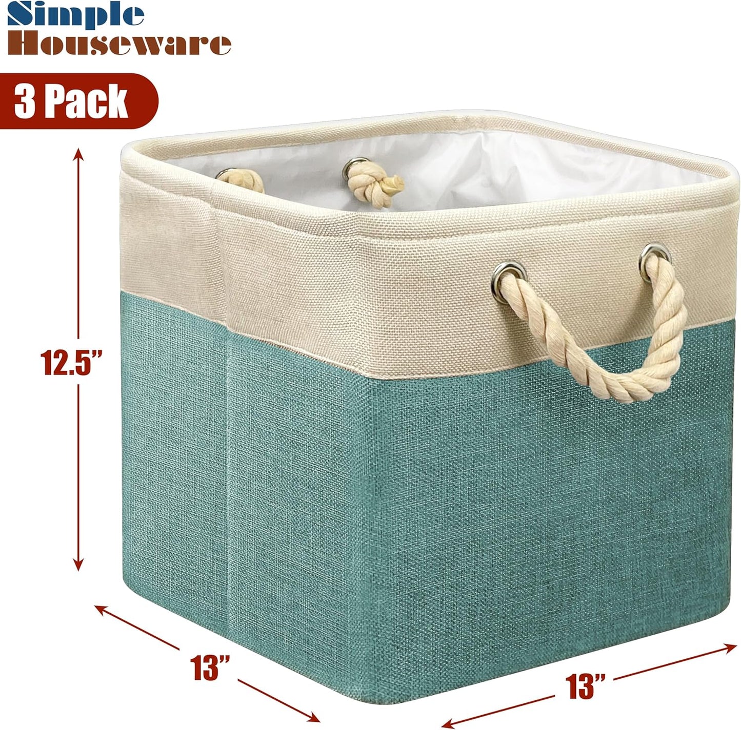 SIMPLE HOUSEWARE Fabric Storage Cubes, 13" x 13" Storage Bin, 3 Pack, Turquoise
