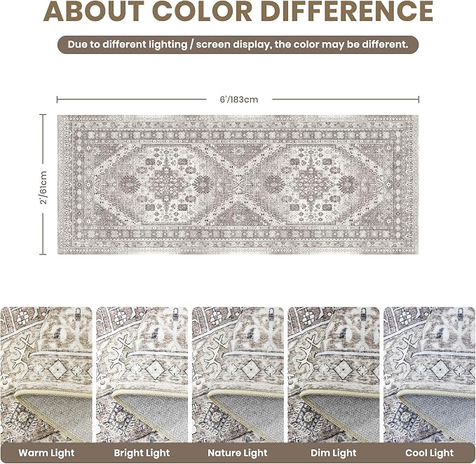 zesthome 2x6 Runner Rug for Hallways, Machine Washable Rug, Non Slip Vintage Low Pile Runners, Stain Resistant Runners for Entryway, Kitchen, Bathroom, Laundry Room, Corridor