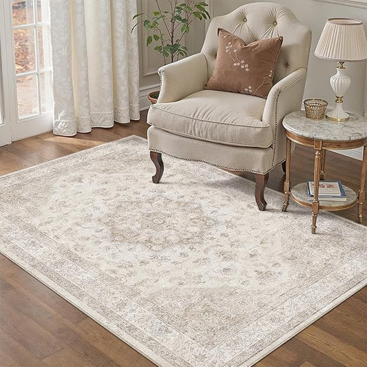 PureCozy Beige Area Rug 3x5 Washable Vintage Carpet for Entryway Office Soft Retro Kitchen Low Pile Thin Door Mat Non Slip Oriental Medallion Throw Rug for Bathroom Bedroom Dining Living Room