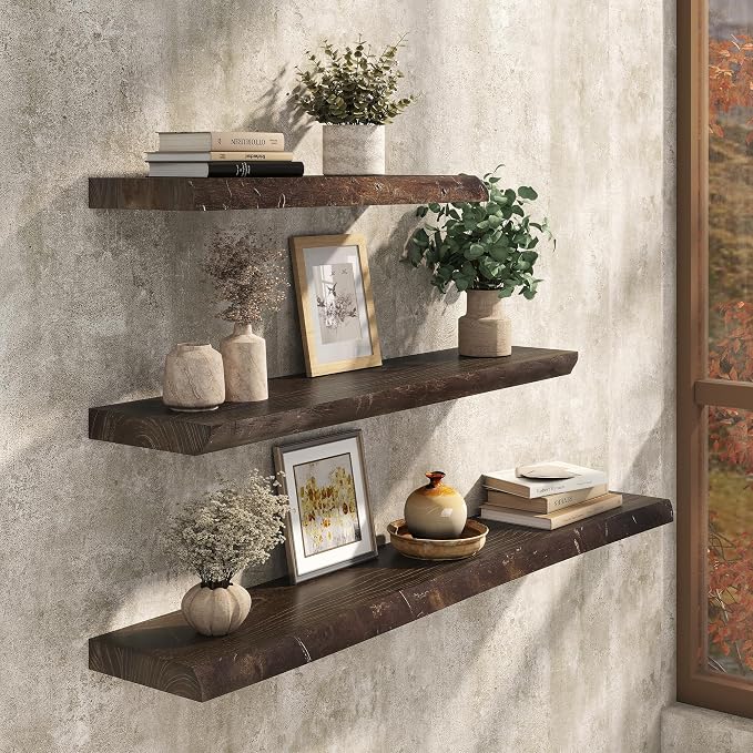 Floating Shelves Set of 2, Solid Elm Wood Wall Shelves 24 Inch - Invisible Bracket Mount for Living Room, Bedroom, Kitchen, Bathroom - Brown