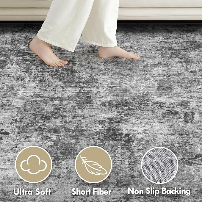 Tortania Washable 8x10 Area Rug for Living Room: Modern Abstract Neutral Large Soft Thin Rugs - Non Slip Indoor Carpet for Bedroom Dining Room Office Nursery Home Floor Decoration - Charcoal Grey