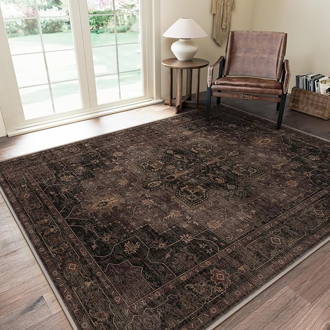 GENIMO 4x6 Area Rugs for Living Room, Machine Washable Rug, Non Slip Indoor Vintage Rug, Low Pile Lightweight Chenille Print Carpet for Bedroom Dining Room Home Office, Charcoal Brown