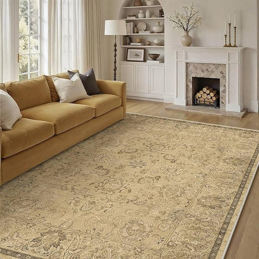 HUGEAR 8x10 Machine Washable Area Rugs Vintage Brown - Neutral Living Room Bedroom Rug Non Slip Stain Resistant Low Pile Aesthetic Throw Carpet Kids & Pet Friendly