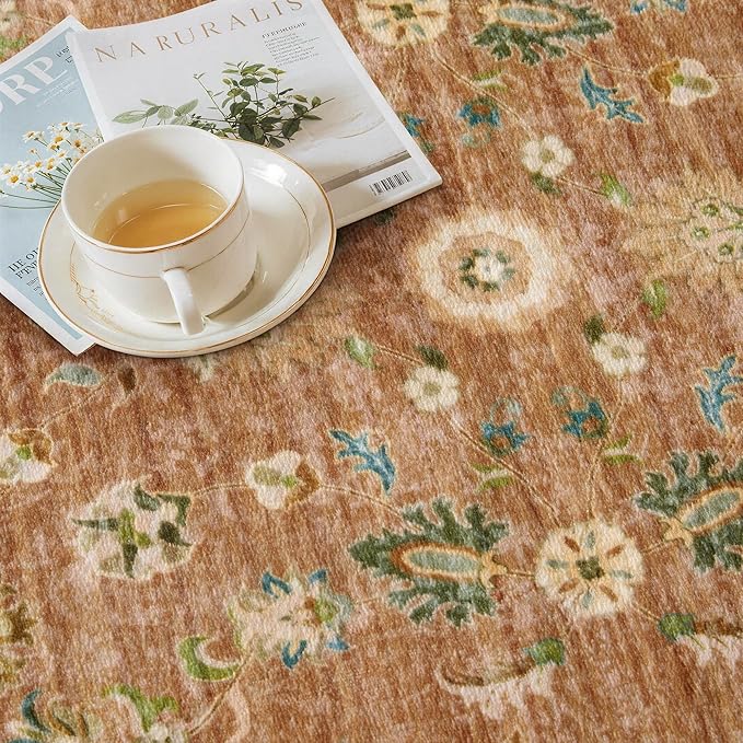 Tangsoo Floral Small Rug 2x3 Washable Rug for Entryways Vintage Non-Slip Area Rugs Terracotta Entry Rugs Distressed Floor Carpet Soft Low Pile Door Mat for Entrance Bedroom Kitchen Foyer Decor
