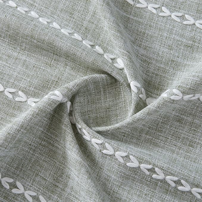 RoomTalks Green Boho Farmhouse Kitchen Curtains 45 Inch Length French Striped Modern Vintage Chic Textured Tassel Charcoal Short Cafe Curtains for Small Window Kitchen Bathroom Decor