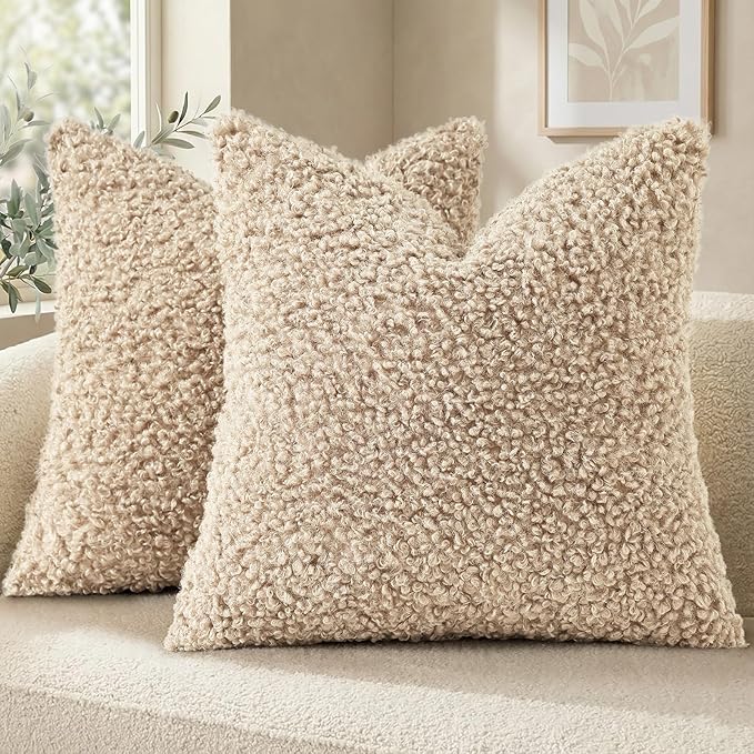 decorUhome Pack of 2 Throw Pillow Covers 16x16 Inch, Faux Fur Decorative Sherpa Pillow Covers Fuzzy Accent Soft Sheepskin Fleece Pillow Cases for Couch Living Room Bed, Neutral Oatmeal