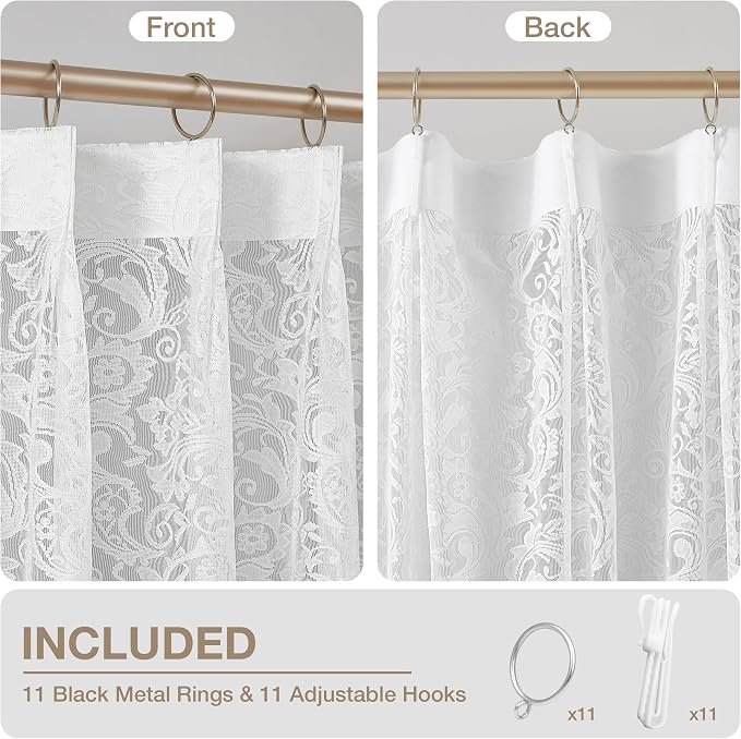 Bujasso White Lace Pinch Pleat Curtains 63 inch,Vintage Floral Sheer Drapes with Hooks & Rings, Victorian Damask Scalloped Edge Light Filtering Window Panels for Bedroom Living Room, 40" Wx63 Lx2