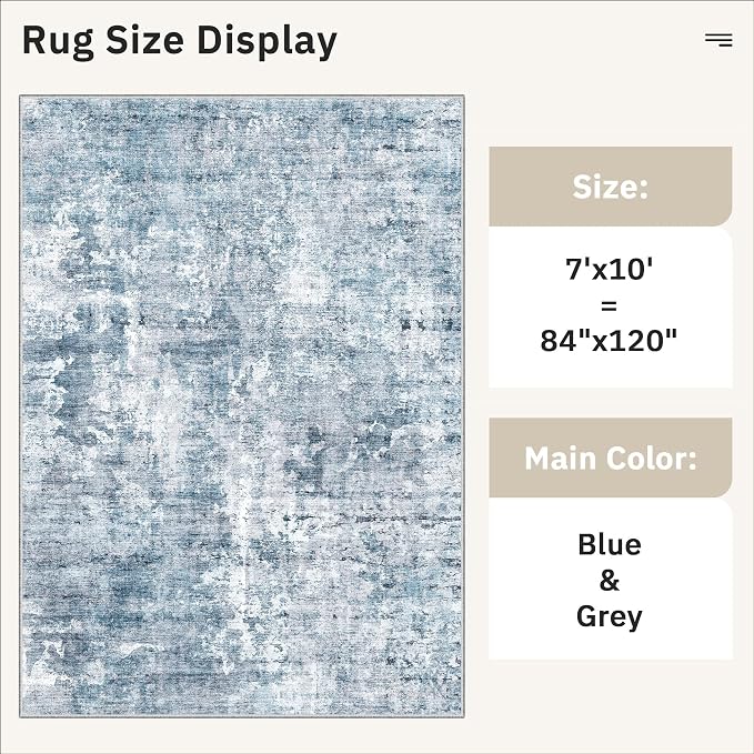Soalmost 7x10 Area Rug for Living Room Washable Abstract Vintage Soft Thin Indoor Floor Non-Slip Carpet for Bedroom Dining Room Blue
