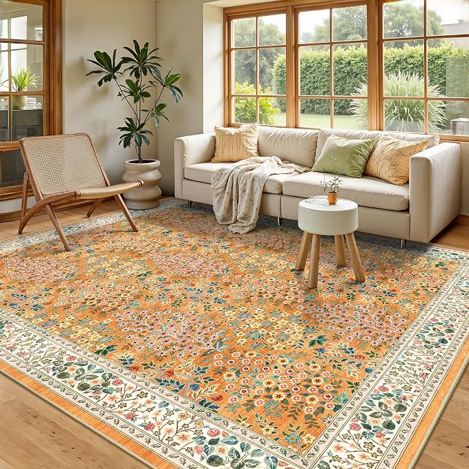 6x9 Area Rugs, Washable Floral Area Rugs for Living Room, Indoor Area Rug for Bedroom, Dining Room, Low Pile Non-Slip Non Shedding Rug(Orange Floral)