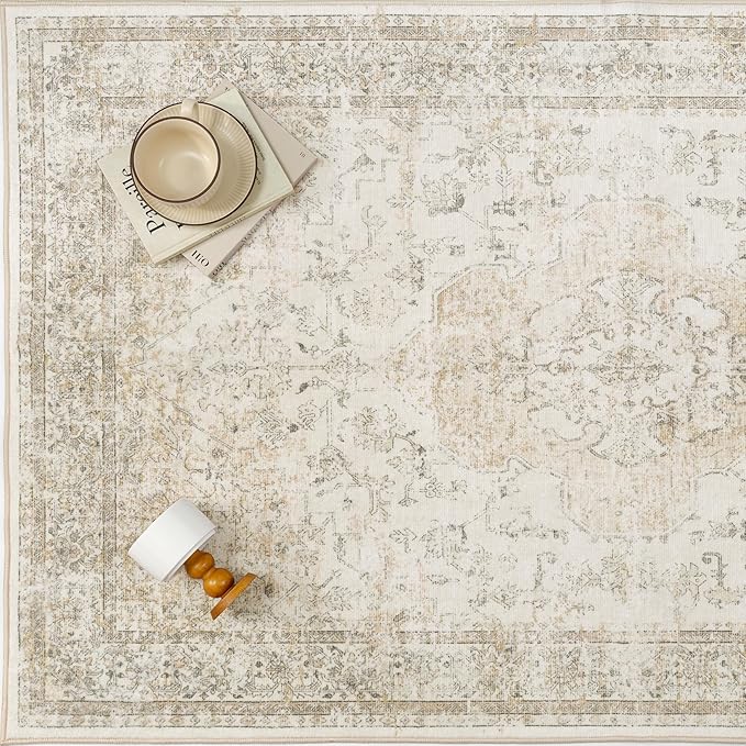 PureCozy Entryway Area Rug 3x4 Washable Beige Vintage Distressed Carpet Oriental Soft Thin Indoor Mat for Office Non Slip Low Pile Throw Rug for Kitchen Bathroom Bedroom Dining Living Room