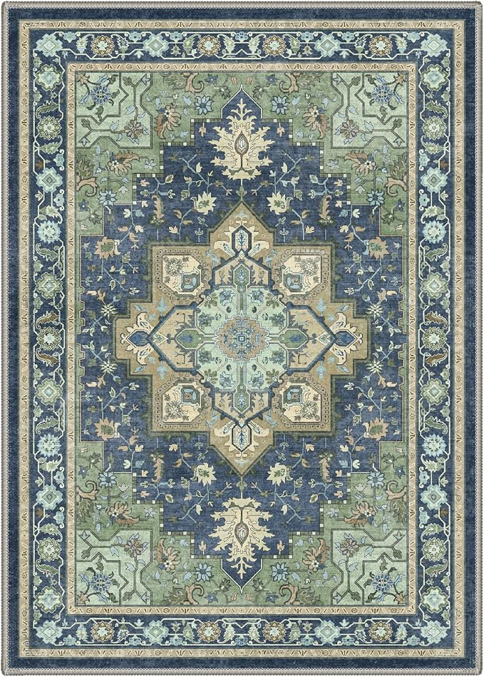 GENIMO 5x7 Area Rugs for Living Room, Machine Washable Rug, Non Slip Indoor Vintage Carpet, Low Pile Lightweight Print Carpet for Bedroom Dining Room Home Office, Green & Navy