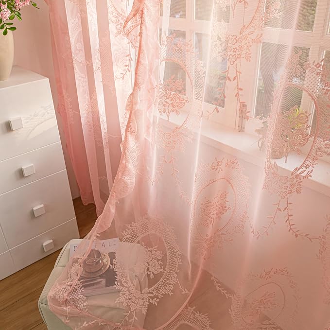 Sutuo Home Pink Lace Curtains 96 Inches Long 2 Set, Sheer Panels Rose Floral Embroidery Ruffled Vintage Voile Window Treatment Pair for Girl's Bedroom Living Room, Rod Pocket, W57 x L96