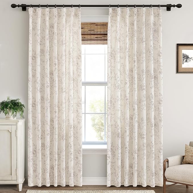 Pinch Pleated Floral Linen Curtains 84 inch Long Coffee and Cream Memory Trained Curtain Light Filtering Living Room Farmhouse Flower Pattern Printed Pinch Pleat Drapes with Hooks 2 Panels 40“W x 84"L