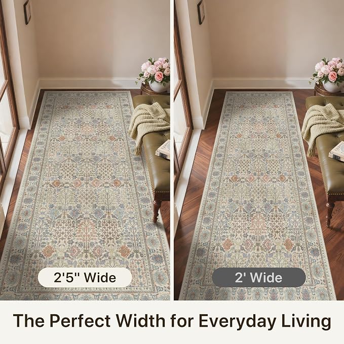 Bavni 2'6''x6 Rug Runners for Hallways, Washable Runner Rug Non Slip, Vintage Floral Print Style Rugs for Bedroom-Lightweight Low Pile Carpet for Hallways Bathroom, Earth Yellow